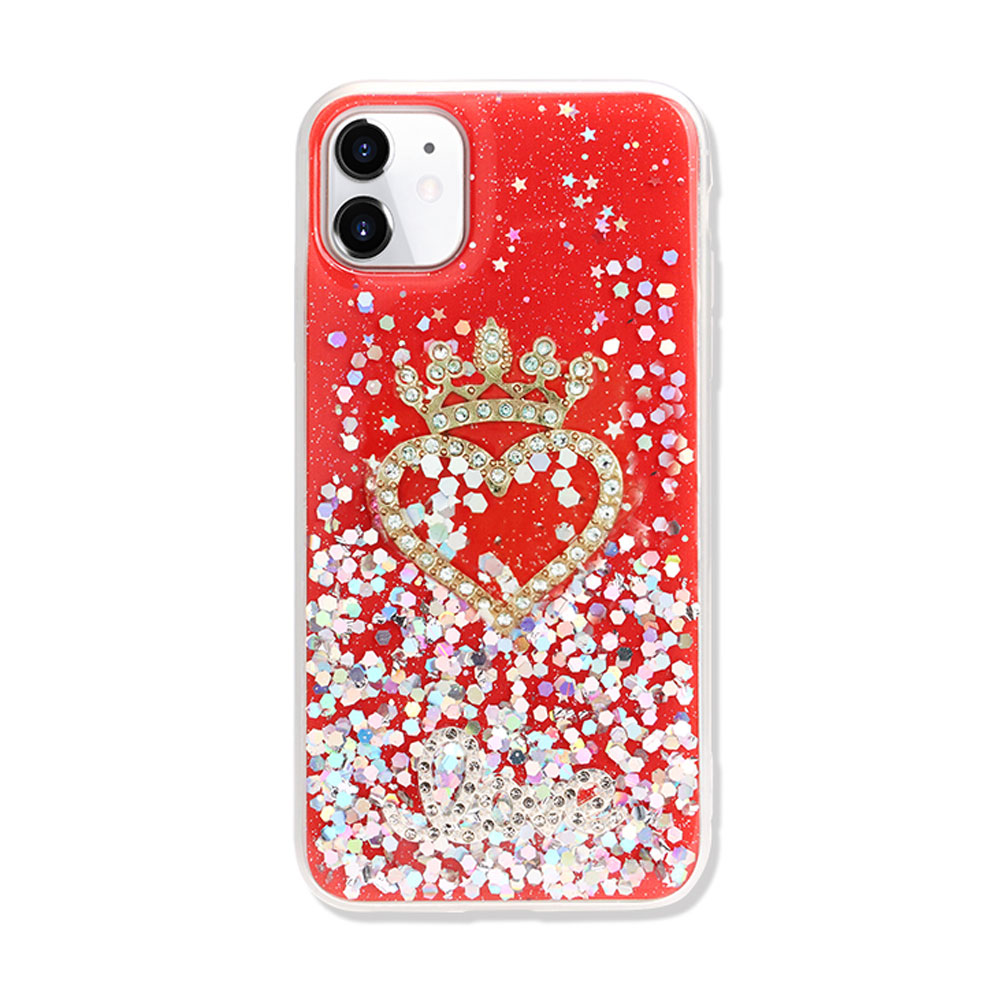 Star Crown Heart Crystal Shiny Glitter Sparkling Jewel Case Cover for iPHONE 12 / 12 Pro 6.1 (Red)